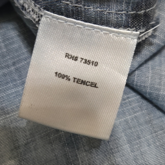 Sister Mary Blue Tencel Frayed Sleeveless Button-Up Blouse, Size Large - Picture 5 of 6